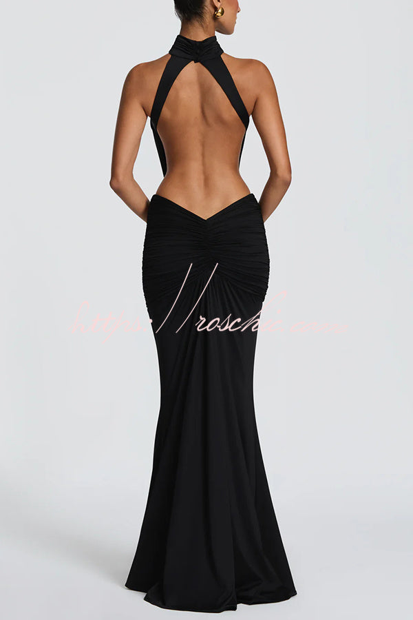 Stretch Slinky Jersey High Neck Ruched Backless Maxi Dress