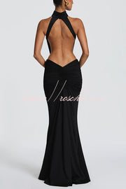Stretch Slinky Jersey High Neck Ruched Backless Maxi Dress