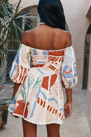 Linen Blend Puff Sleeve Mini Dress with Ric Rac Trims