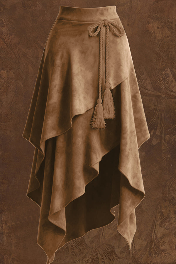 Suede Midi Skirt with Tassel Tie-up Detail