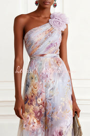 Chiffon 3D Floral One-Shoulder Maxi Dress | A-Line Gown