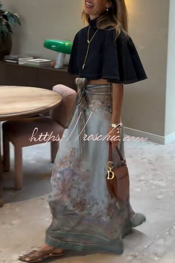 Denim Mock Neck Flutter Sleeve Crop Top | Vacation Style