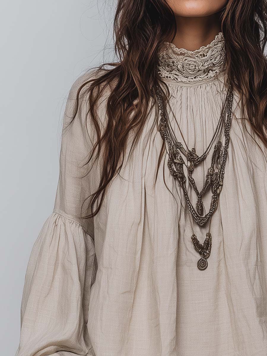 Lace-Trim Pleated Cotton Linen Long Sleeve Blouse