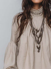 Lace-Trim Pleated Cotton Linen Long Sleeve Blouse