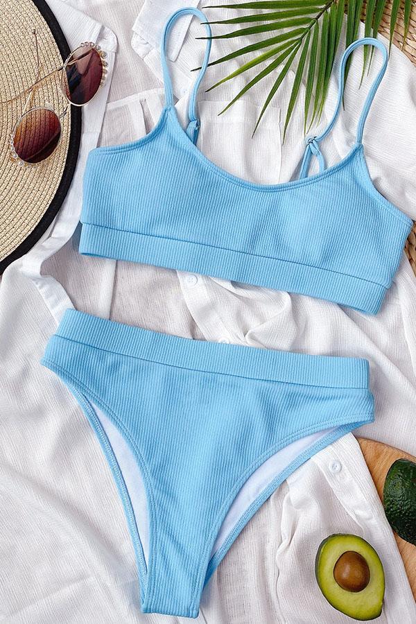 Purple Rib-Knit High-Waisted Padded Tankini Top