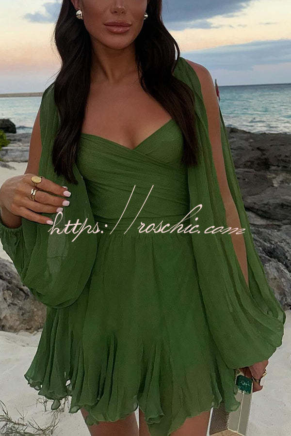 Chiffon Balloon Sleeve Mini Dress with V Neck & Back Lace-Up