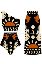 Abstract Print One-Shoulder Bikini Set with Ankle Skirt