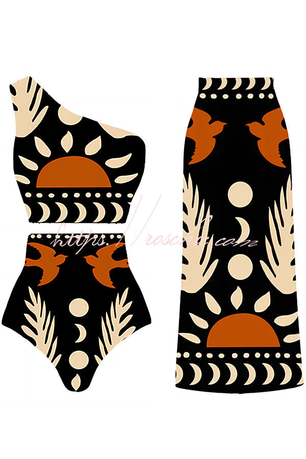 Abstract Print One-Shoulder Bikini Set with Ankle Skirt