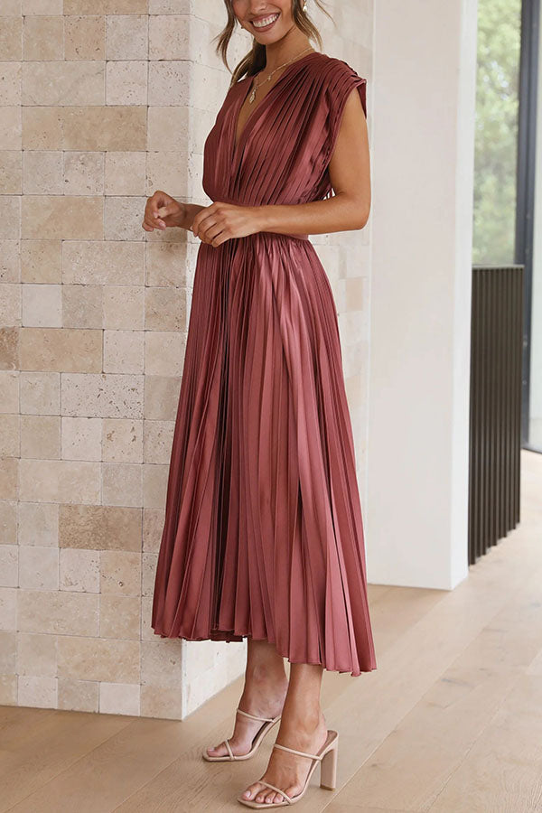 Satin Pleated Midi Dress – V-Neck Short Sleeve Party Dress