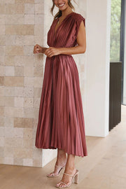 Satin Pleated Midi Dress – V-Neck Short Sleeve Party Dress