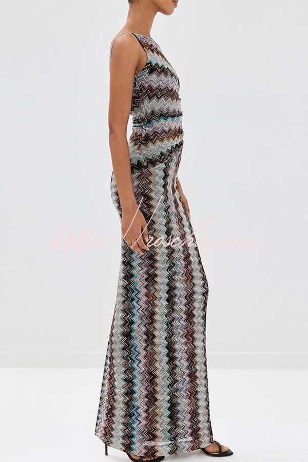 Robe longue fendue en zigzag colorée à une épaule