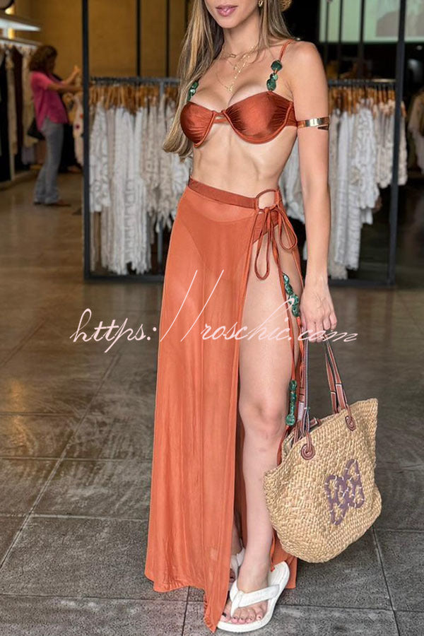 Colored Stone Detail Elastic Bikini & Tulle Lace-Up Maxi Skirt Set