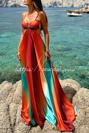 Neon Sunset Print Cutout Back Tie-Up Maxi Dress