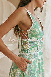 Linen Blend Printed V-Neck Sleeveless Maxi Dress