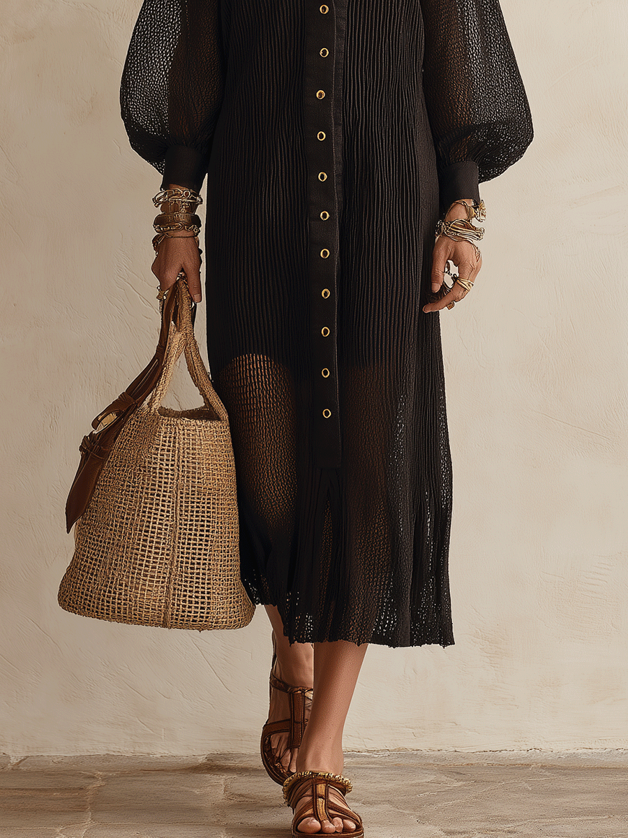 Sheer Black Mesh Button-Front Midi Shirt Dress