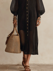 Sheer Black Mesh Button-Front Midi Shirt Dress