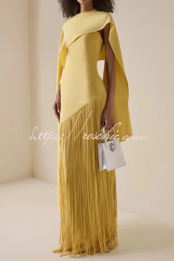 Fringed Hem Maxi Gown with Detachable Shawl Detail