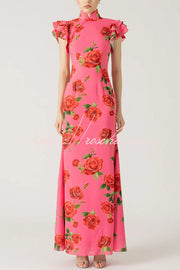 Rose Floral Print Cheongsam Maxi Dress with Tiered Sleeves