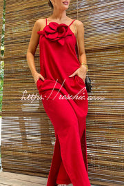 Linen Blend Floral Embellishment Maxi Dress with Pockets