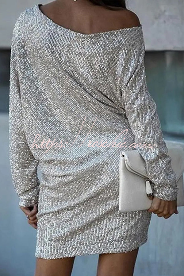 Sequined Off-Shoulder Mini Dress – Loose Fit Vacation Style