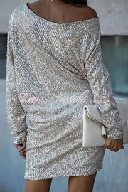 Sequined Off-Shoulder Mini Dress – Loose Fit Vacation Style