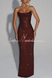 Sequin Pleated Cowl Neck Strapless Maxi Dress