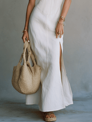 White Strappy Slit Maxi Dress – Minimalist Formal Gown