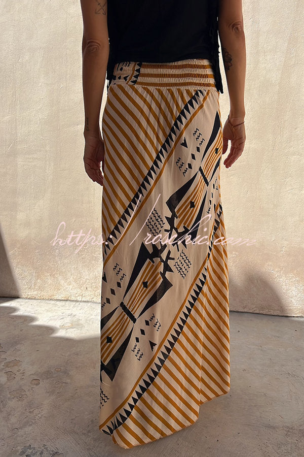 Satin Geometric Print Maxi Skirt with Elastic Waist