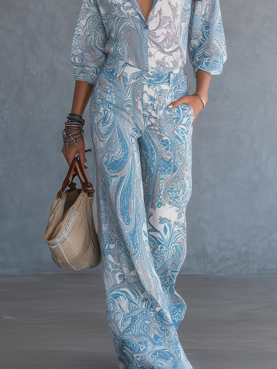Sky Blue Paisley Print Wide-Leg Pants Set – Boho Two-Piece