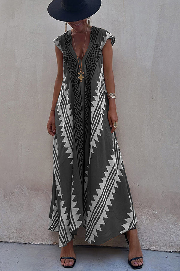 Ethnic Print V-Neck Maxi Dress – Loose A-Line Vacation Dress