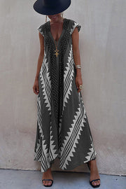Ethnic Print V-Neck Maxi Dress – Loose A-Line Vacation Dress