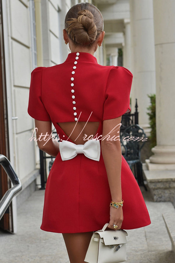 Backless Satin Bow Mini Dress with Slit Sleeves