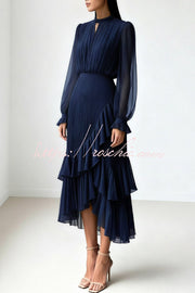 Ruffle Midi Dress Long Sleeve Round Neck Fitted Waist