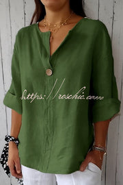 Linen Blend V-Neck Top | 3/4 Sleeve Loose Casual Blouse
