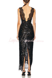 Sequined Deep V-Neck Lace-Trim Dress | Vacation Style