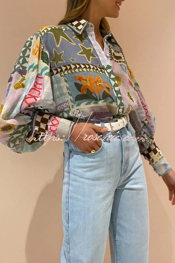 Printed Balloon Sleeve Loose Button Shirt | Vacation Top