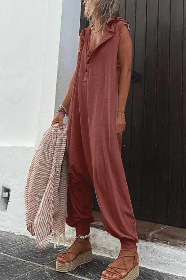 Sleeveless Hooded Cotton Blend Jumpsuit with Pockets
