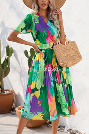 Contrast Floral Print Belted Pleated Midi Dress