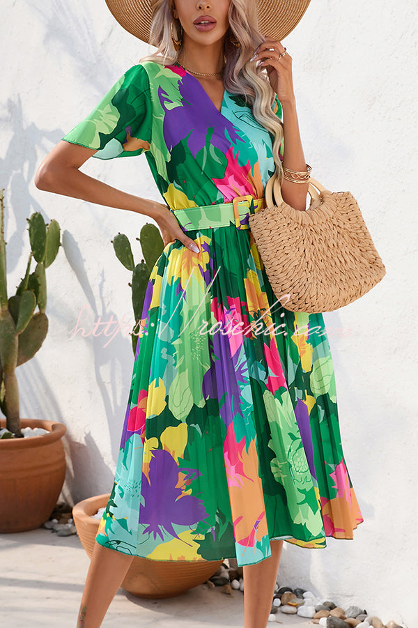 Contrast Floral Print Belted Pleated Midi Dress