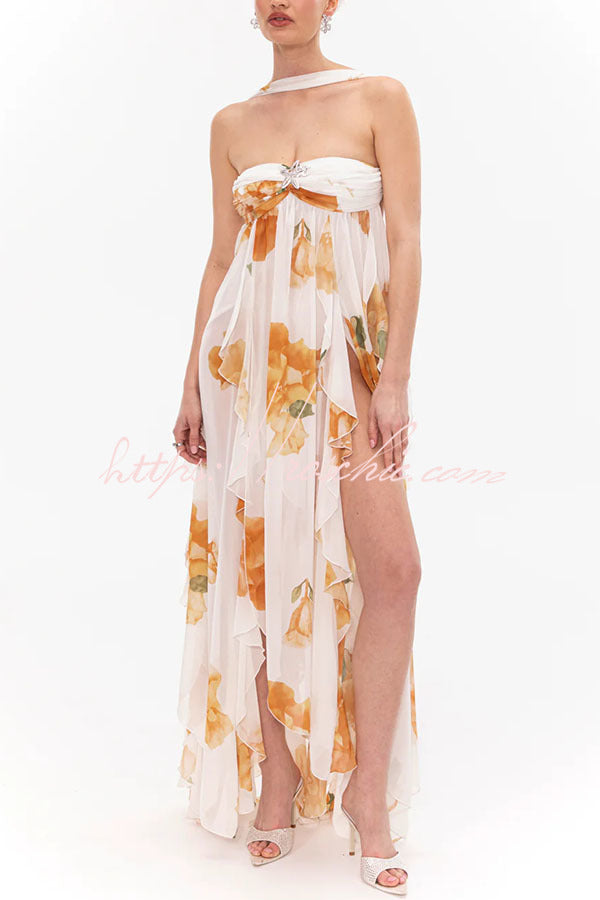 Floral Print Halter Neck Backless Maxi Dress with Slit