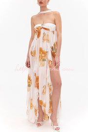 Floral Print Halter Neck Backless Maxi Dress with Slit
