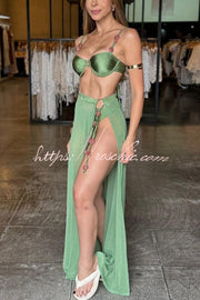 Colored Stone Detail Elastic Bikini & Tulle Lace-Up Maxi Skirt Set