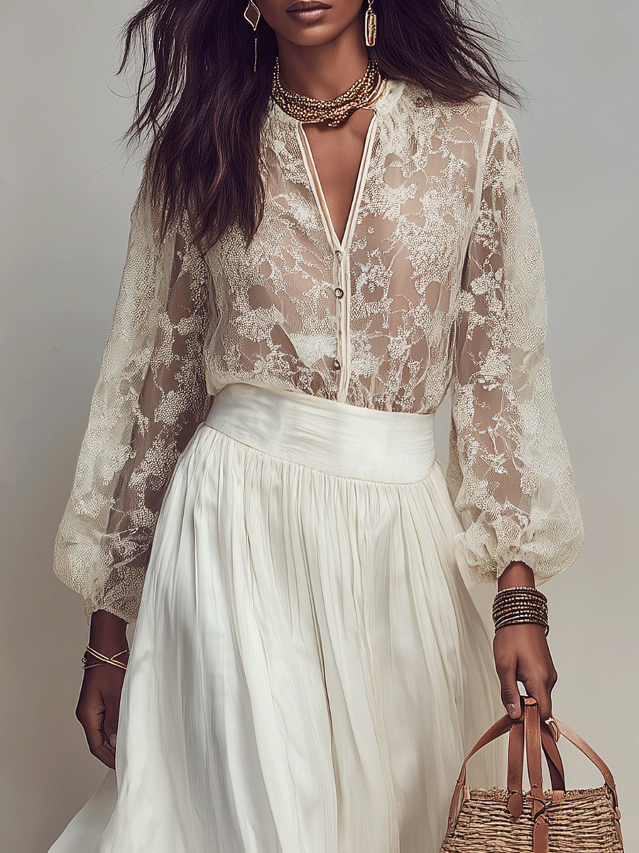 Cream White Chiffon Skirt Set | Romantic Vacation Two-Piece