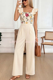 Floral Embroidered Ruffle Trim Sleeveless Jumpsuit