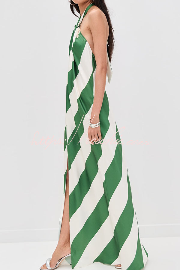 Striped Halter Maxi Dress with Pockets – Backless Loose Fit