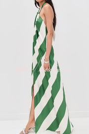 Striped Halter Maxi Dress with Pockets – Backless Loose Fit