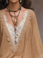Lace Trim V-Neck Batwing Sleeve Boho Blouse