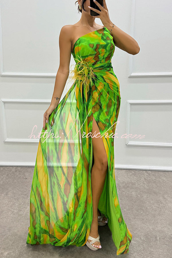Watercolor Feather Print Off-Shoulder Chiffon Maxi Dress