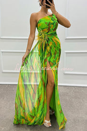 Watercolor Feather Print Off-Shoulder Chiffon Maxi Dress