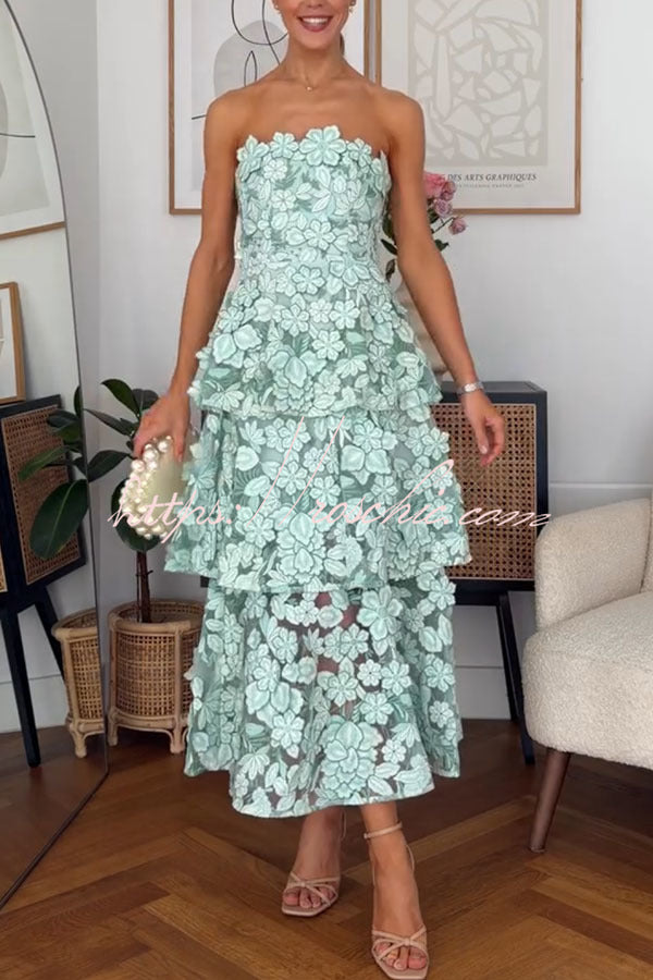3D Floral Embroidery Off Shoulder Tiered Maxi Dress